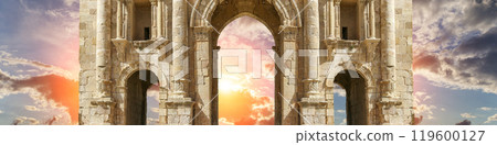 Arch of Hadrian in Gerasa (Jerash)-- was built to honor the visit of emperor Hadrian to Jerash in 129/130 AD, Jordan. Against the background of a beautiful sky with clouds 119600127