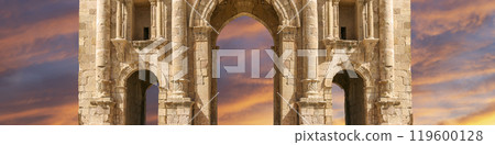 Arch of Hadrian in Gerasa (Jerash)-- was built to honor the visit of emperor Hadrian to Jerash in 129/130 AD, Jordan. Against the background of a beautiful sky with clouds 119600128