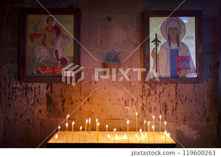Interior of Jvari Monastery, 6th century Georgian Orthodox monastery and UNESCO World Heritage site near Mtskheta in eastern Georgia 119600263