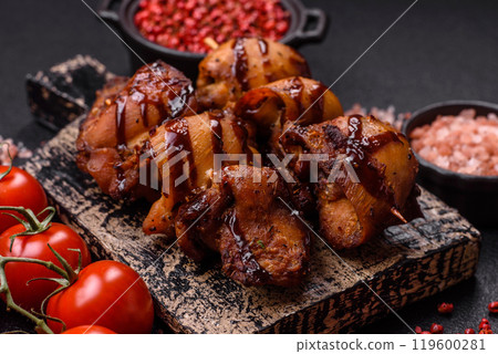Grilled chicken or turkey shish kebab with salt, spices and herbs 119600281