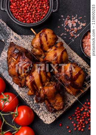 Grilled chicken or turkey shish kebab with salt, spices and herbs 119600283