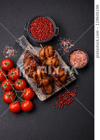 Grilled chicken or turkey shish kebab with salt, spices and herbs 119600286
