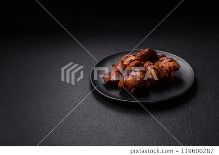 Grilled chicken or turkey shish kebab with salt, spices and herbs 119600287