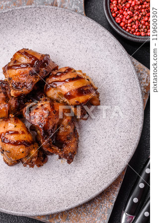 Grilled chicken or turkey shish kebab with salt, spices and herbs 119600307