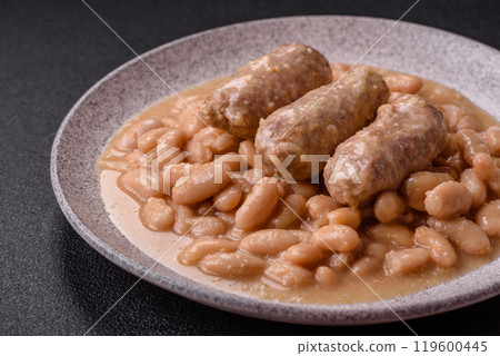 Cassoulet with white beans, meat and sausages, vegetables, salt and spices Cassoulet with white beans, meat and sausages, vegetables, salt and spices 119600445