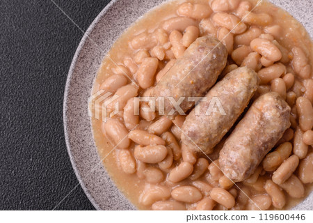 Cassoulet with white beans, meat and sausages, vegetables, salt and spices Cassoulet with white beans, meat and sausages, vegetables, salt and spices 119600446