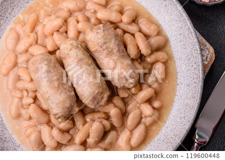Cassoulet with white beans, meat and sausages, vegetables, salt and spices Cassoulet with white beans, meat and sausages, vegetables, salt and spices 119600448
