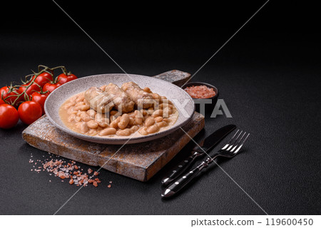 Cassoulet with white beans, meat and sausages, vegetables, salt and spices Cassoulet with white beans, meat and sausages, vegetables, salt and spices 119600450
