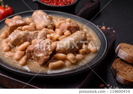 Cassoulet with white beans, meat and sausages, vegetables, salt and spices 119600459