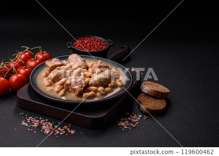 Cassoulet with white beans, meat and sausages, vegetables, salt and spices Cassoulet with white beans, meat and sausages, vegetables, salt and spices 119600462