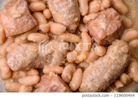 Cassoulet with white beans, meat and sausages, vegetables, salt and spices 119600464