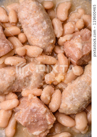 Cassoulet with white beans, meat and sausages, vegetables, salt and spices 119600465