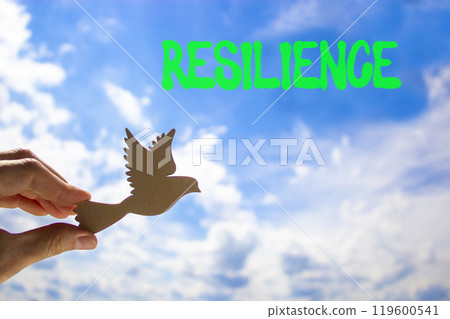 Resilience symbol. Concept word Resilience on beautiful blue sky. Beautiful blue sky and clouds background. Businessman hand with wooden bird. Business resilience concept. Copy space. Resilience symbol. Concept word Resilience on beautiful blue sky. Beautiful blue sky and clouds background. Businessman hand with wooden bird. Business resilience concept. Copy space. 119600541