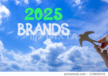 Planning 2025 brands new year symbol. Concept words 2025 Brands on beautiful blue sky. Beautiful blue sky clouds background. Hand with wooden bird. Business 2025 brands new year concept. Copy space. 119600542