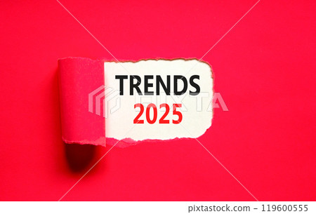 Planning trends 2025 new year symbol. Concept words Trends 2025 on beautiful white paper. Beautiful red paper background. Business trends 2025 new year concept. Copy space. Planning trends 2025 new year symbol. Concept words Trends 2025 on beautiful white paper. Beautiful red paper background. Business trends 2025 new year concept. Copy space. 119600555