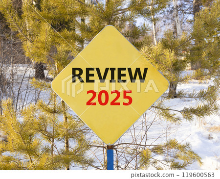 Planning review 2025 new year symbol. Concept words Review 2025 on beautiful yellow road sign. Beautiful winter forest background. Business review 2025 new year concept. Copy space. Planning review 2025 new year symbol. Concept words Review 2025 on beautiful yellow road sign. Beautiful winter forest background. Business review 2025 new year concept. Copy space. 119600563