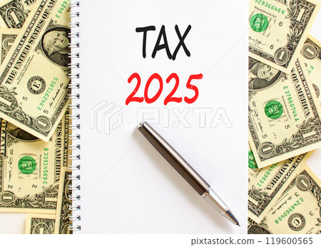 Planning tax 2025 new year symbol. Concept words Tax 2025 on beautiful white note. Beautiful background from dollar bills. Black pen. Business tax 2025 new year concept. Copy space. Planning tax 2025 new year symbol. Concept words Tax 2025 on beautiful white note. Beautiful background from dollar bills. Black pen. Business tax 2025 new year concept. Copy space. 119600565