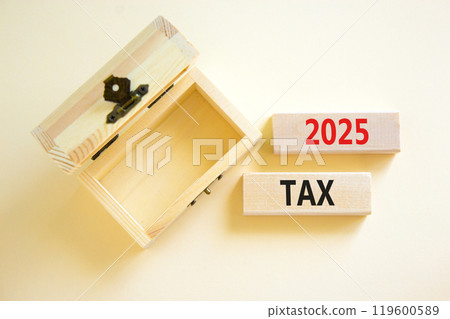 Planning 2025 tax new year symbol. Concept words 2025 Tax on beautiful wooden blocks. Beautiful white background. Wooden empty chest. Business 2025 tax new year concept. Copy space. 119600589
