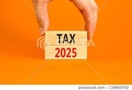 Planning tax 2025 new year symbol. Concept words Tax 2025 on beautiful wooden blocks. Beautiful orange background. Businessman hand. Business tax 2025 new year concept. Copy space. 119600592