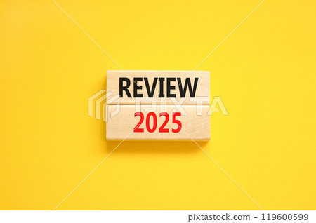 Planning review 2025 new year symbol. Concept words Review 2025 on beautiful wooden blocks. Beautiful yellow background. Business review 2025 new year concept. Copy space. Planning review 2025 new year symbol. Concept words Review 2025 on beautiful wooden blocks. Beautiful yellow background. Business review 2025 new year concept. Copy space. 119600599