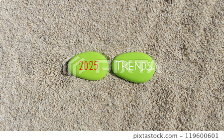 Planning 2025 trends new year symbol. Concept words 2025 Trends on beautiful green stones. Beautiful sand sea beach background. Business 2025 trends new year concept. Copy space. Planning 2025 trends new year symbol. Concept words 2025 Trends on beautiful green stones. Beautiful sand sea beach background. Business 2025 trends new year concept. Copy space. 119600601