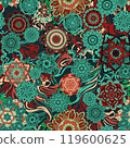 Seamless pattern with abstract oriental style pattern. Bright ornate circular patterns and abstract lines. 119600625