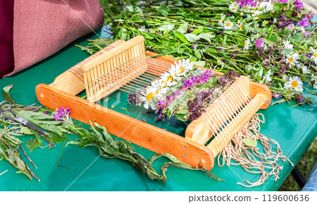 Homemade Wooden Improvised Weaving Loom for Weaving Small Rug from Live Flowers 119600636