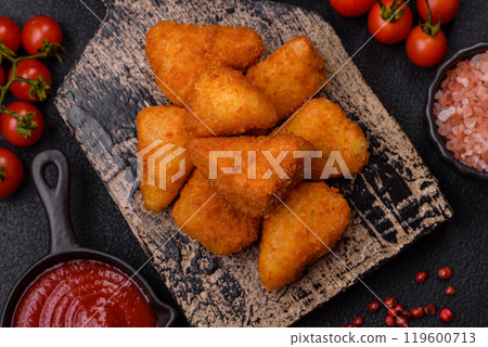 Breaded camembert or brie cheese baked in the form of nuggets with salt and spices Breaded camembert or brie cheese baked in the form of nuggets with salt and spices 119600713