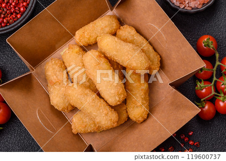Fast food breaded cheese sticks with salt and spices 119600737
