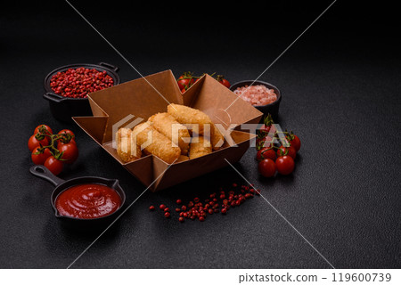 Fast food breaded cheese sticks with salt and spices 119600739