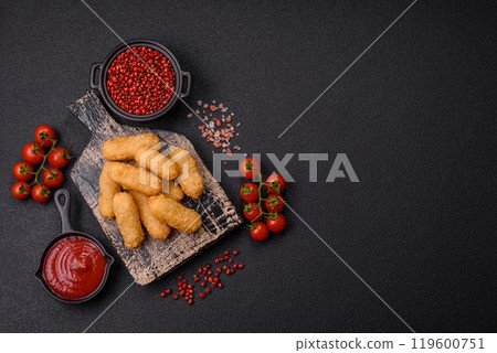 Fast food breaded cheese sticks with salt and spices 119600751