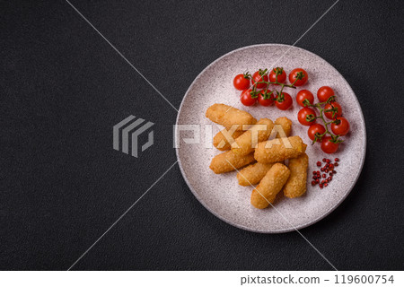 Fast food breaded cheese sticks with salt and spices Fast food breaded cheese sticks with salt and spices 119600754