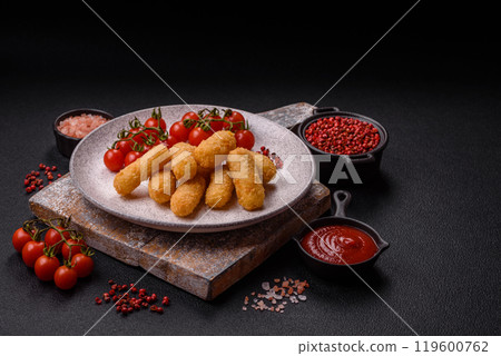 Fast food breaded cheese sticks with salt and spices 119600762