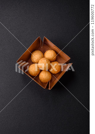 Fast food cheese balls breaded with salt and spices Fast food cheese balls breaded with salt and spices 119600772