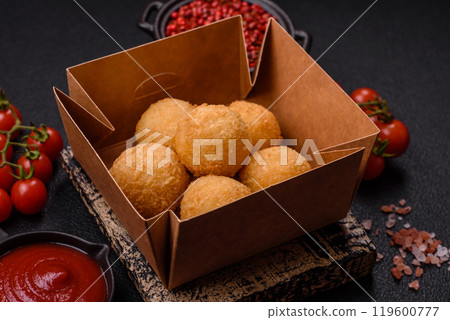 Fast food cheese balls breaded with salt and spices Fast food cheese balls breaded with salt and spices 119600777