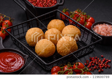 Fast food cheese balls breaded with salt and spices Fast food cheese balls breaded with salt and spices 119600789