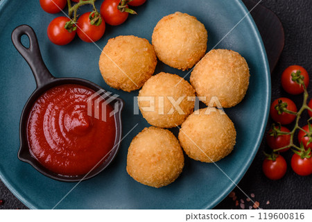 Fast food cheese balls breaded with salt and spices Fast food cheese balls breaded with salt and spices 119600816
