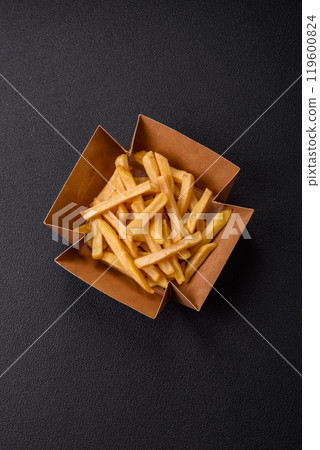 Fast food french fries with salt and spices Fast food french fries with salt and spices 119600824
