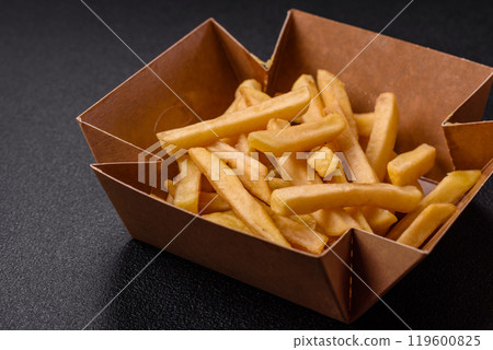 Fast food french fries with salt and spices Fast food french fries with salt and spices 119600825