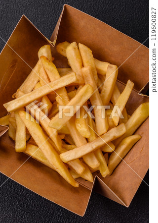 Fast food french fries with salt and spices Fast food french fries with salt and spices 119600827