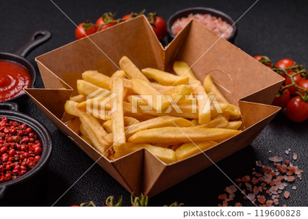Fast food french fries with salt and spices Fast food french fries with salt and spices 119600828