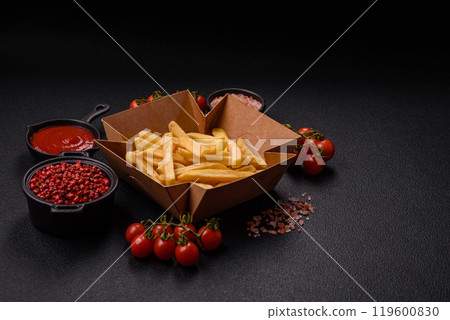 Fast food french fries with salt and spices Fast food french fries with salt and spices 119600830