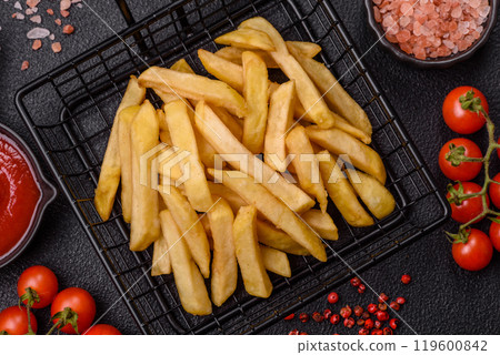 Fast food french fries with salt and spices Fast food french fries with salt and spices 119600842
