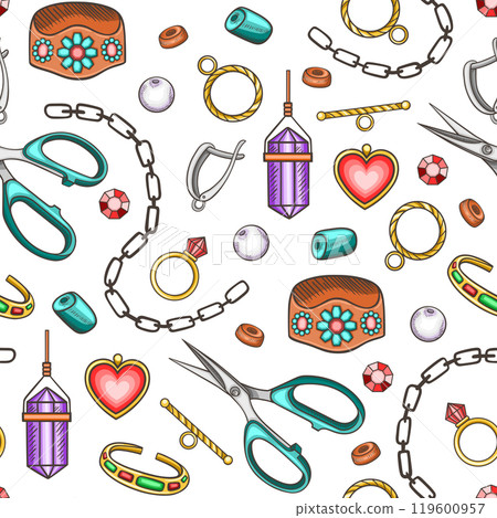 Hand made seamless pattern with tools, jewelry and beads Hand made seamless pattern with tools, jewelry and beads 119600957