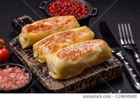 Sweet or savory crepe with different fillings for a hearty breakfast 119600980