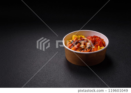 Boiled tiger shrimps with porridge, tomatoes and corn Boiled tiger shrimps with porridge, tomatoes and corn 119601049