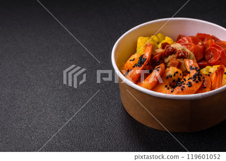 Boiled tiger shrimps with porridge, tomatoes and corn 119601052
