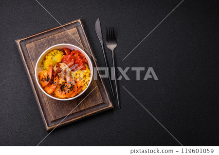 Boiled tiger shrimps with porridge, tomatoes and corn Boiled tiger shrimps with porridge, tomatoes and corn 119601059