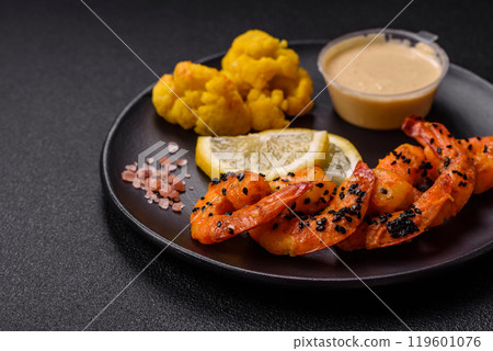 Boiled tiger prawns with white sauce and lemon Boiled tiger prawns with white sauce and lemon 119601076