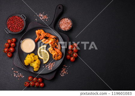 Boiled tiger prawns with white sauce and lemon Boiled tiger prawns with white sauce and lemon 119601083